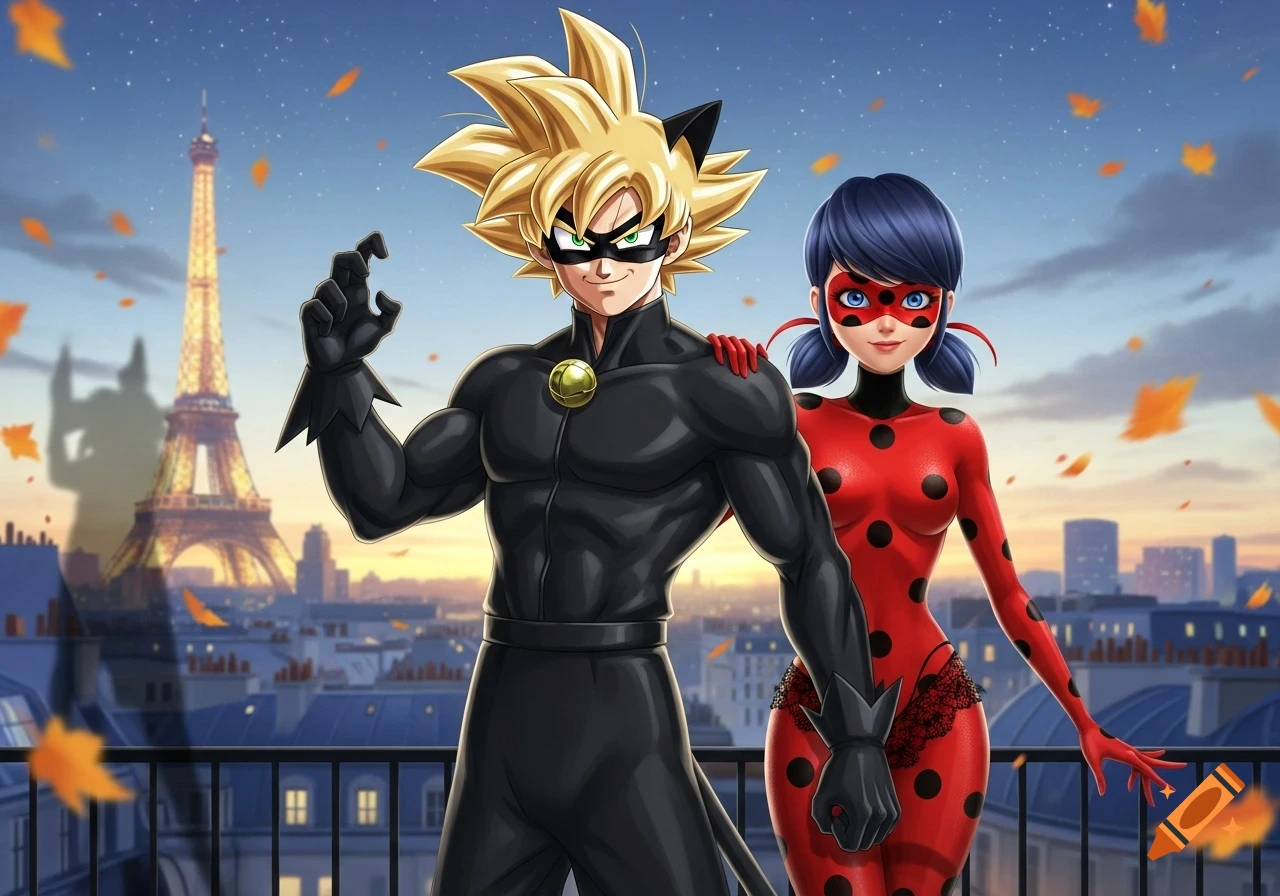 An anime-style superhero duo, a male with blonde spiky hair in a black cat suit and a female in a red polka-dot suit, stand on a balcony overlooking the Paris cityscape with the Eiffel Tower at sunset.