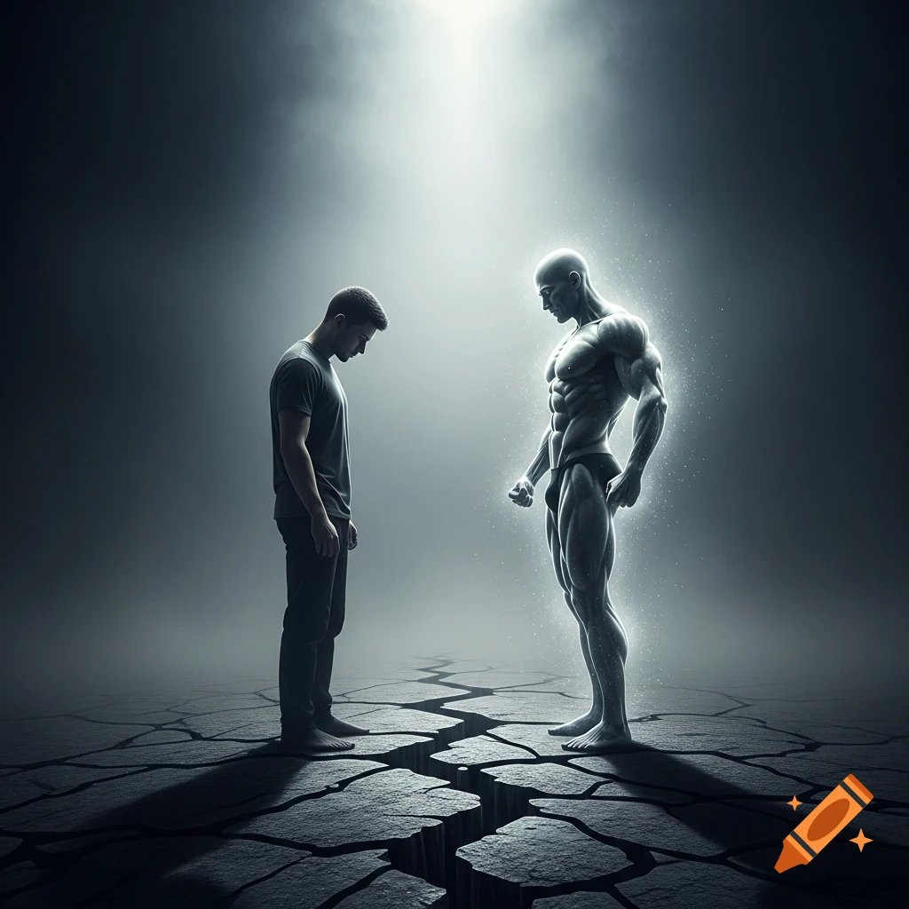 A somber man faces a glowing, muscular alter-ego on cracked ground under a bright light, symbolizing transformation.