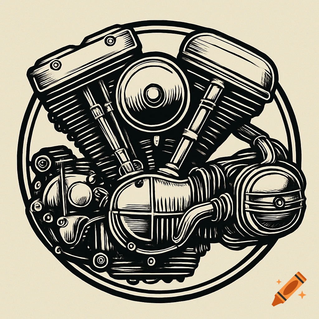 A monochrome, stylized graphic art logo of a detailed V-twin motorcycle engine within a circular border.