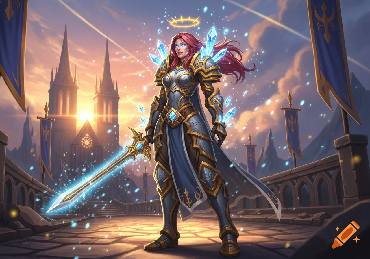 A female World of Warcraft paladin with strawberry blonde hair and light crystals stands with a glowing sword before a fantasy cathedral at sunset.