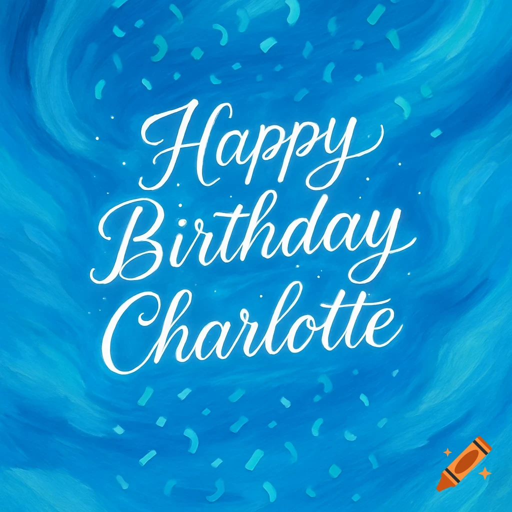 White 'Happy Birthday Charlotte' text on a blue swirled background with confetti, illustrated style.