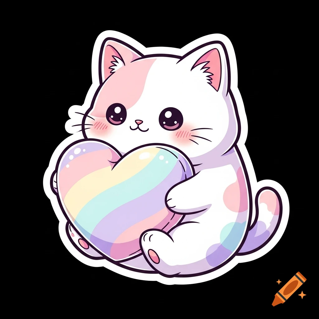A kawaii pastel pink and white cat holding a rainbow heart sticker with sparkly eyes.