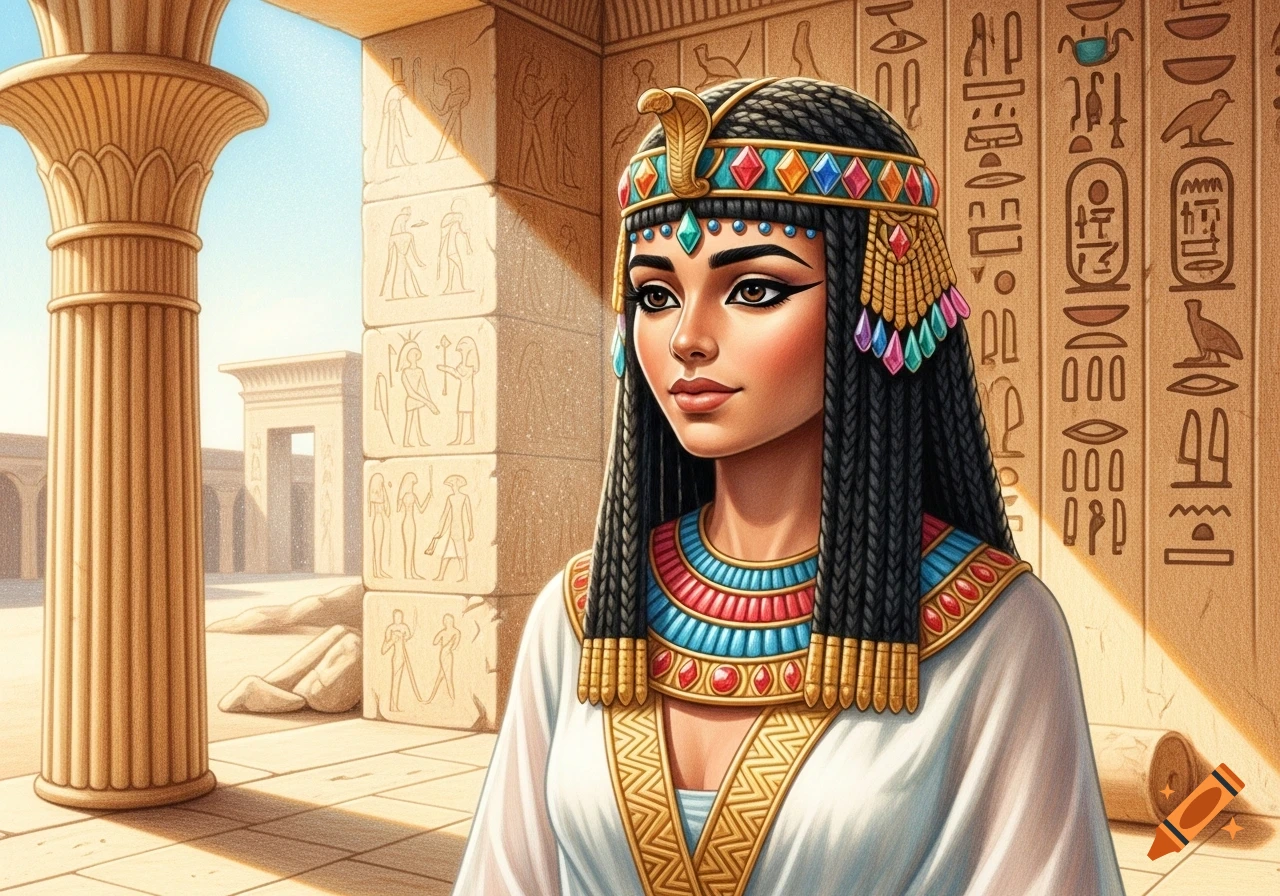 A stylized colored pencil drawing of a young Egyptian princess wearing an elaborate headdress, standing in an ancient temple with hieroglyph-carved pillars and walls.