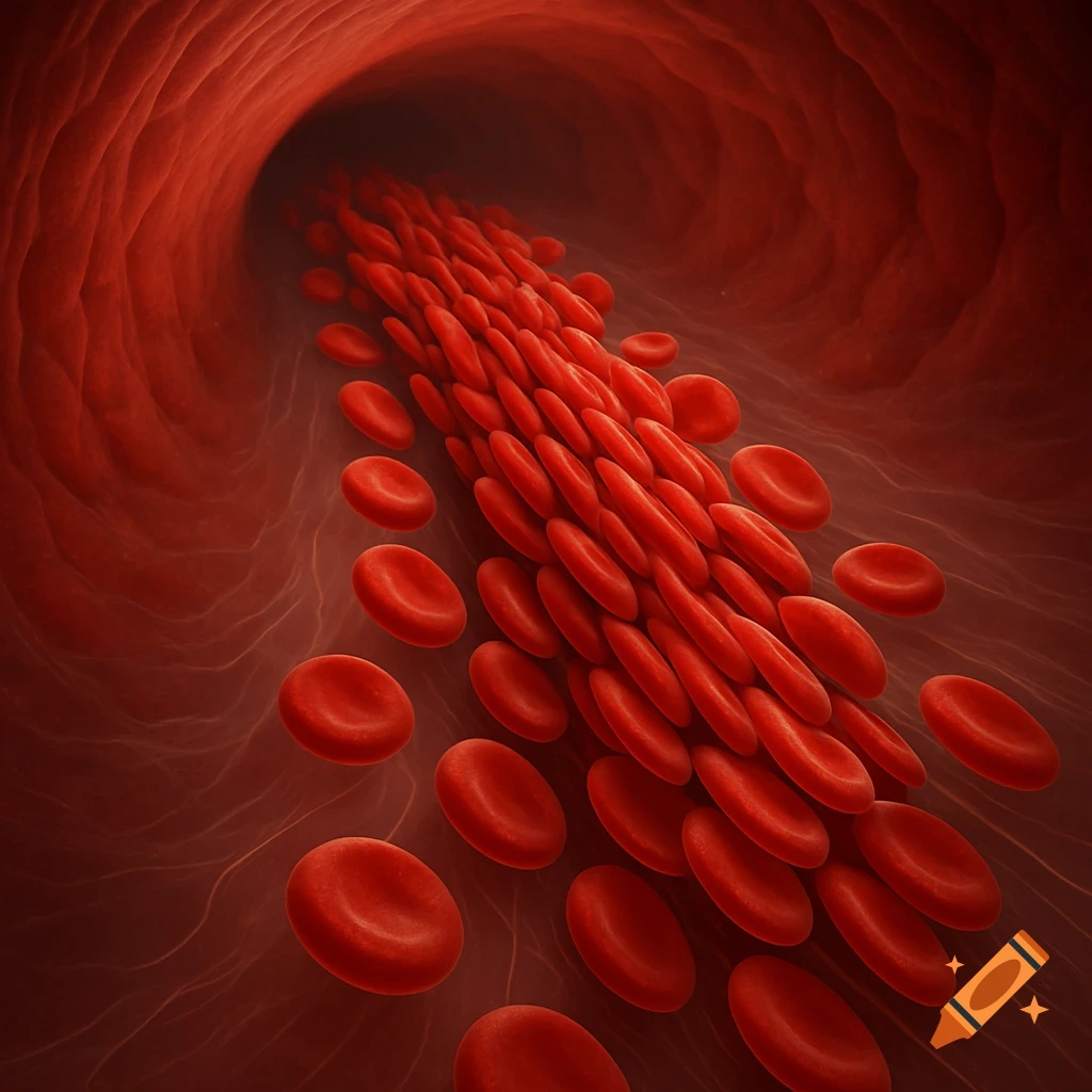 Close-up 3D illustration of numerous red blood cells flowing through a dark red blood vessel