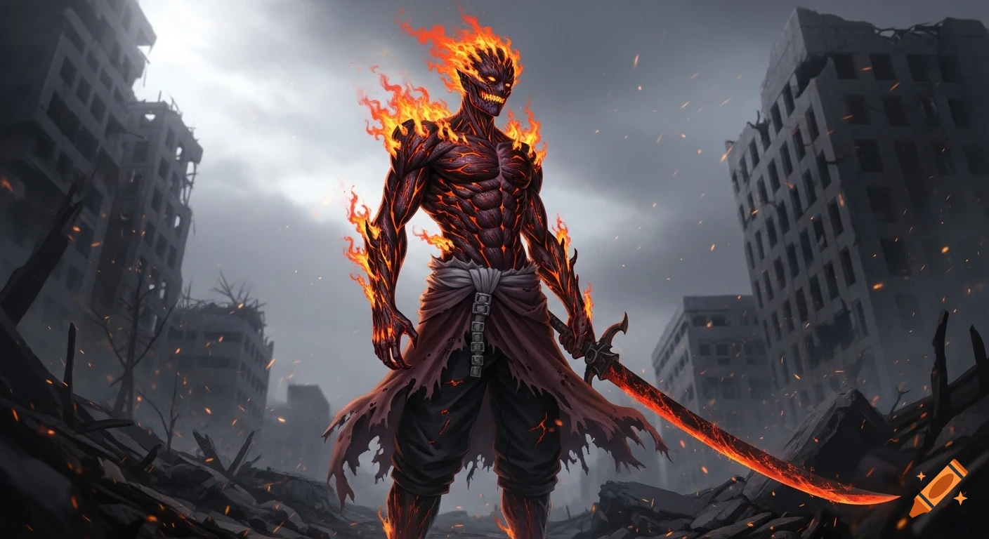 A flaming, monstrous figure with a fiery sword stands menacingly in a ruined, smoke-filled cityscape, in a realistic anime style.