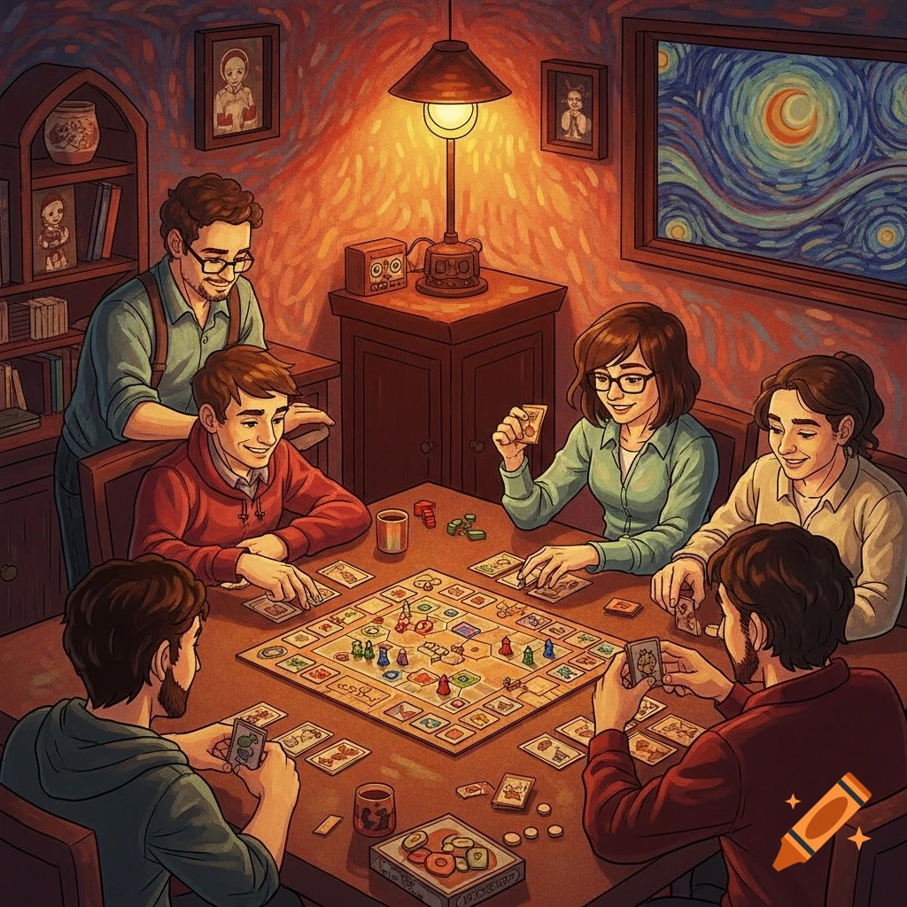 Six people playing a board game around a table in a cozy, artistically painted room with a lamp and a Starry Night painting.