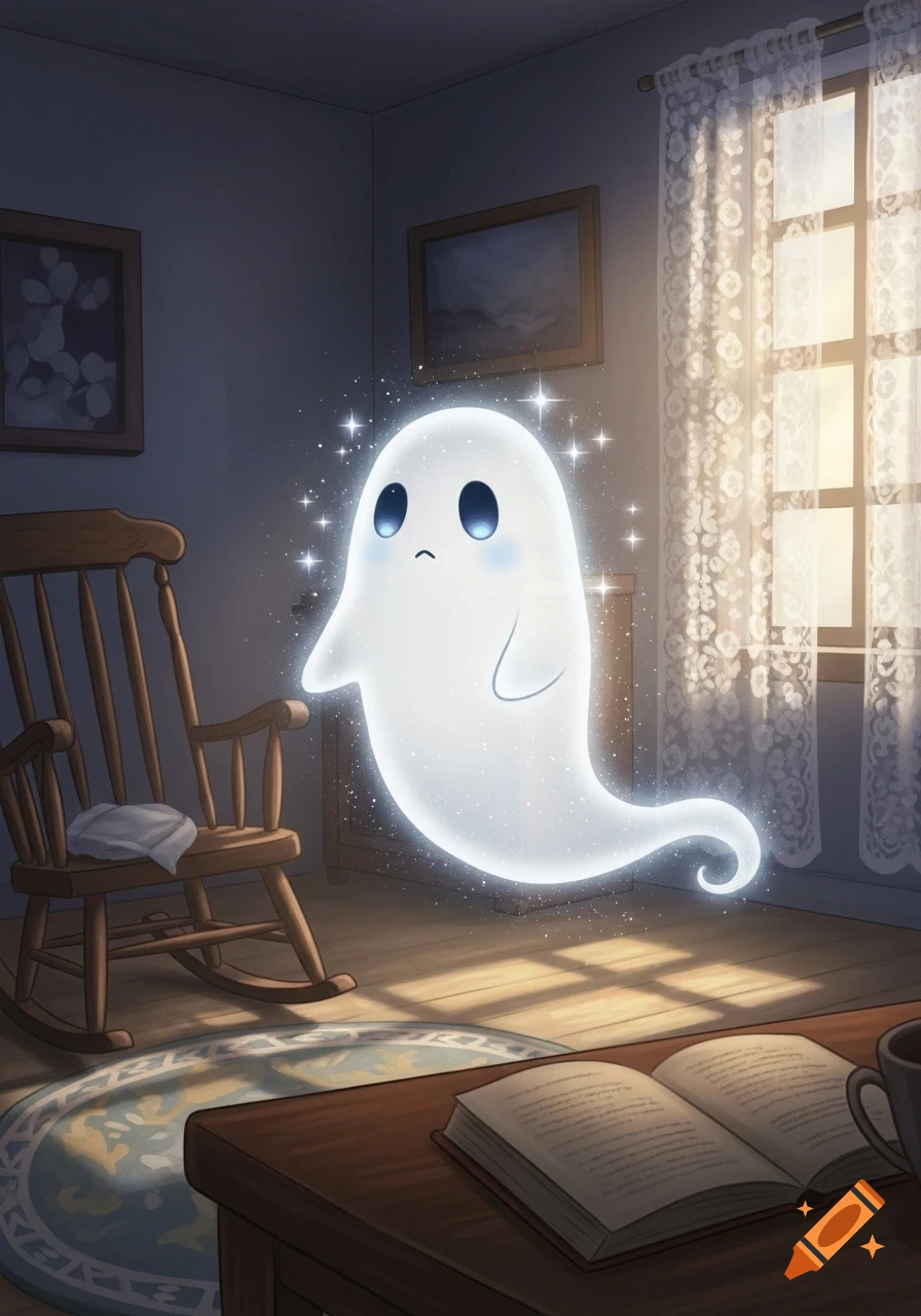 A cute, glowing ghost with blue eyes floats in a cozy, dimly lit room with a rocking chair, open book, and sunlit window.