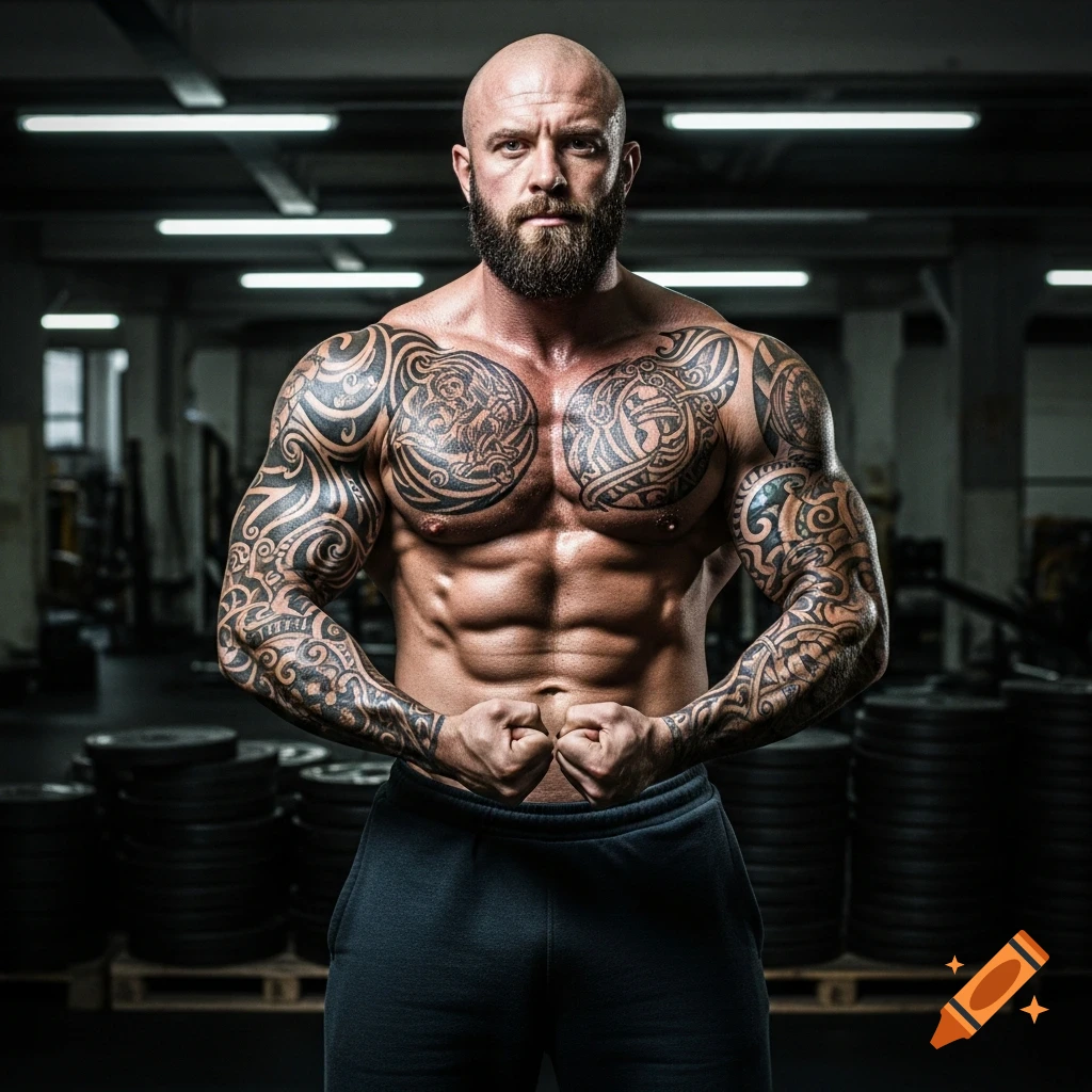 Photorealistic image of a bald, bearded bodybuilder with extensive tattoos flexing his muscles in a gym.