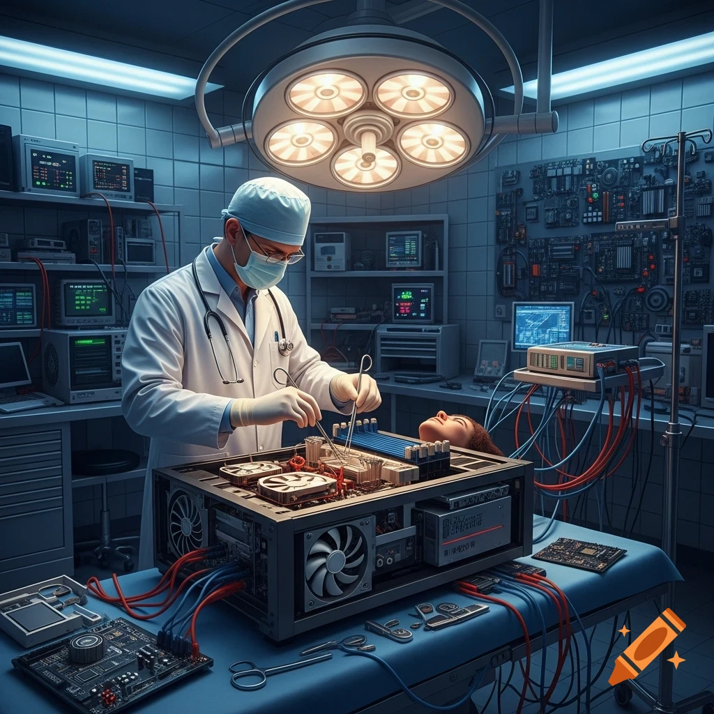 A doctor in an operating room performs 'surgery' on a gaming PC with surgical tools, a satirical photorealistic image.