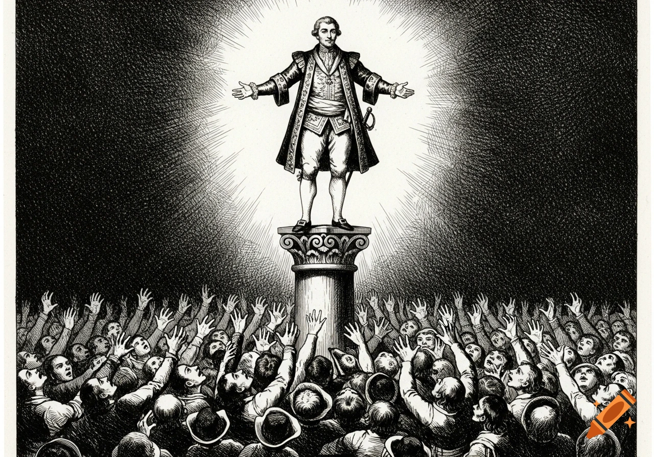 A man in noble clothing stands on a pillar bathed in light, while a crowd below reaches up to him in black and white Goya-esque style.