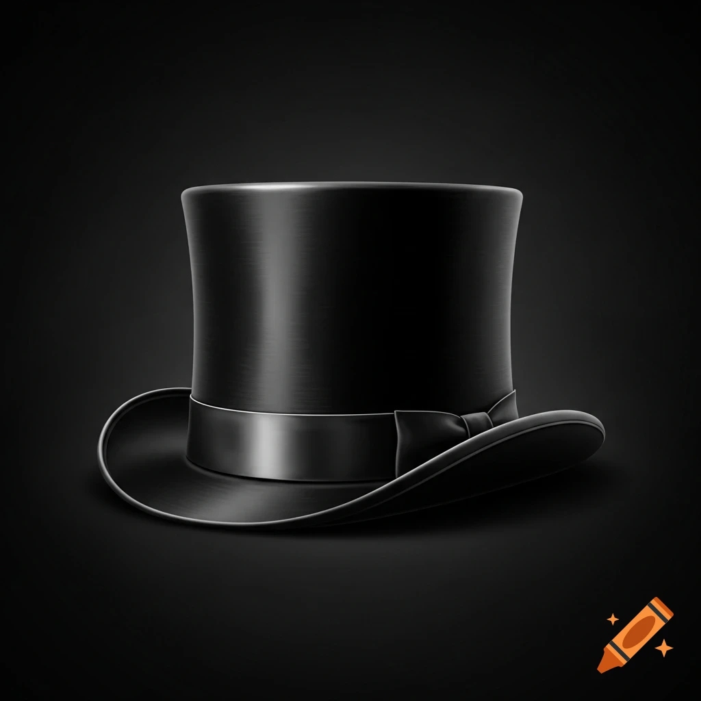 A shiny black top hat with a ribbon band, on a dark background.