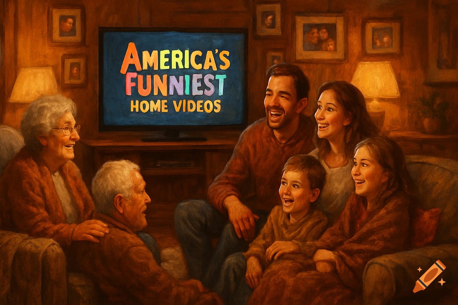 A multi-generational family, including grandparents, parents, and children, laughing while watching 'America's Funniest Home Videos' on a TV in a cozy, painterly style.