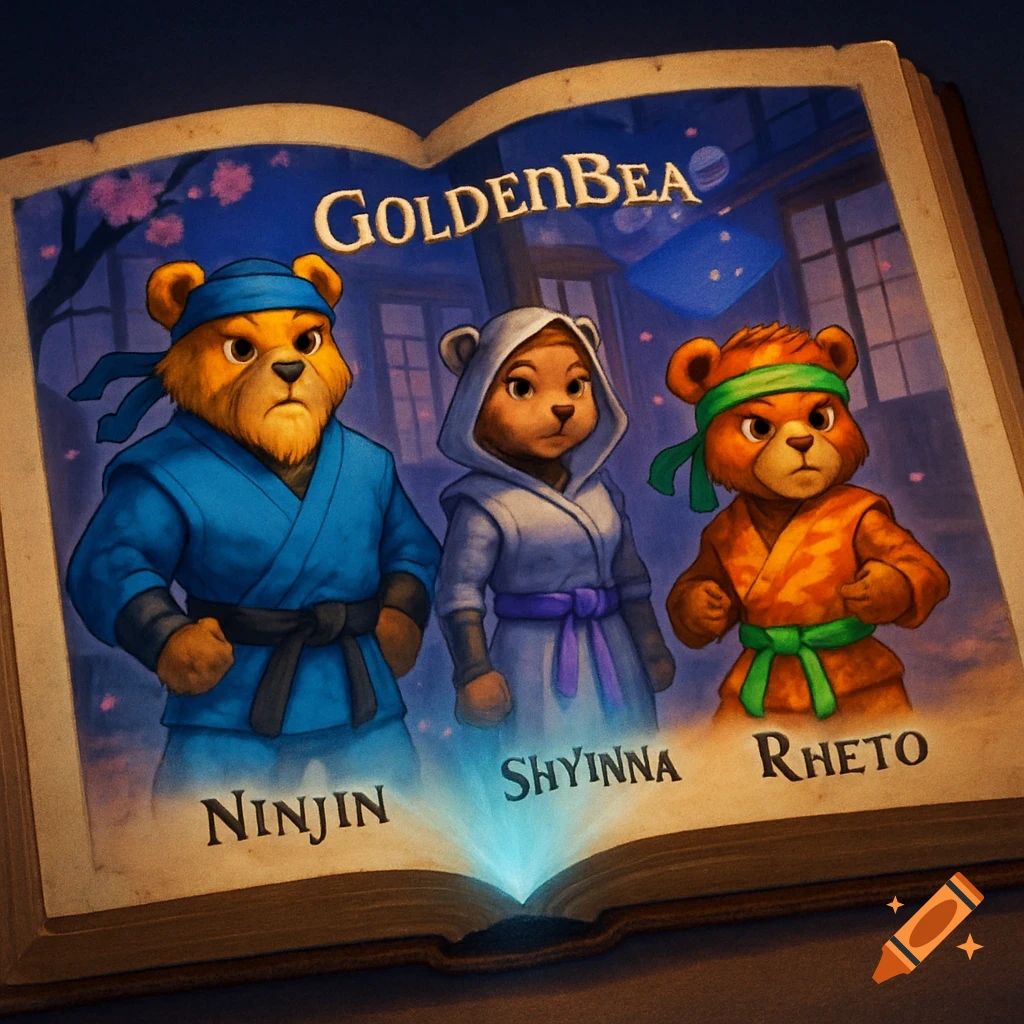 An open book displays an illustration of three anthropomorphic ninja bears named Ninjin, Shyinna, and Rheto, with the title GoldenBea.