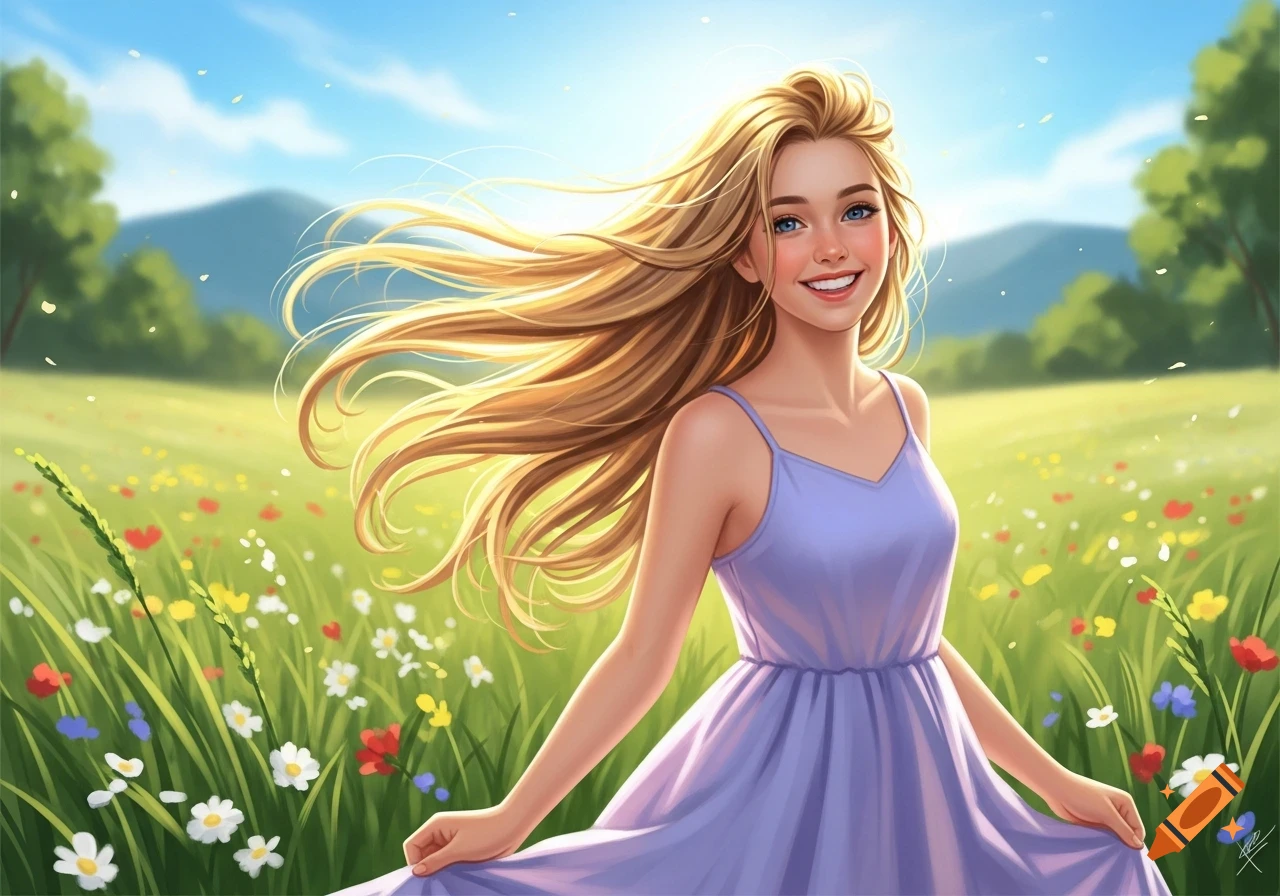 Smiling blonde teenage girl with long hair blowing in a vibrant field of wildflowers under a sunny sky, digital illustration.