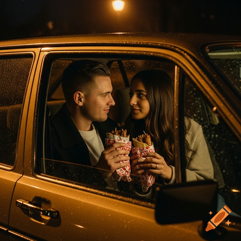 A young couple shares doner kebabs in a car at night, gazing at each other through a rain-streaked window. Photorealistic.
