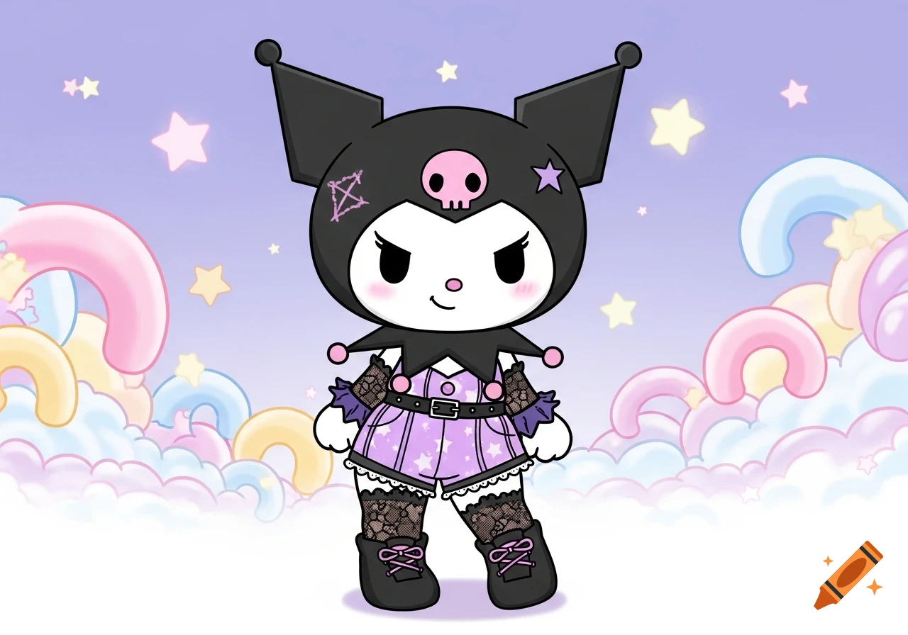 A cartoon Kuromi stands wearing a black jester hood, purple top, shorts, fishnets, and black boots, against a pastel background with stars and clouds.