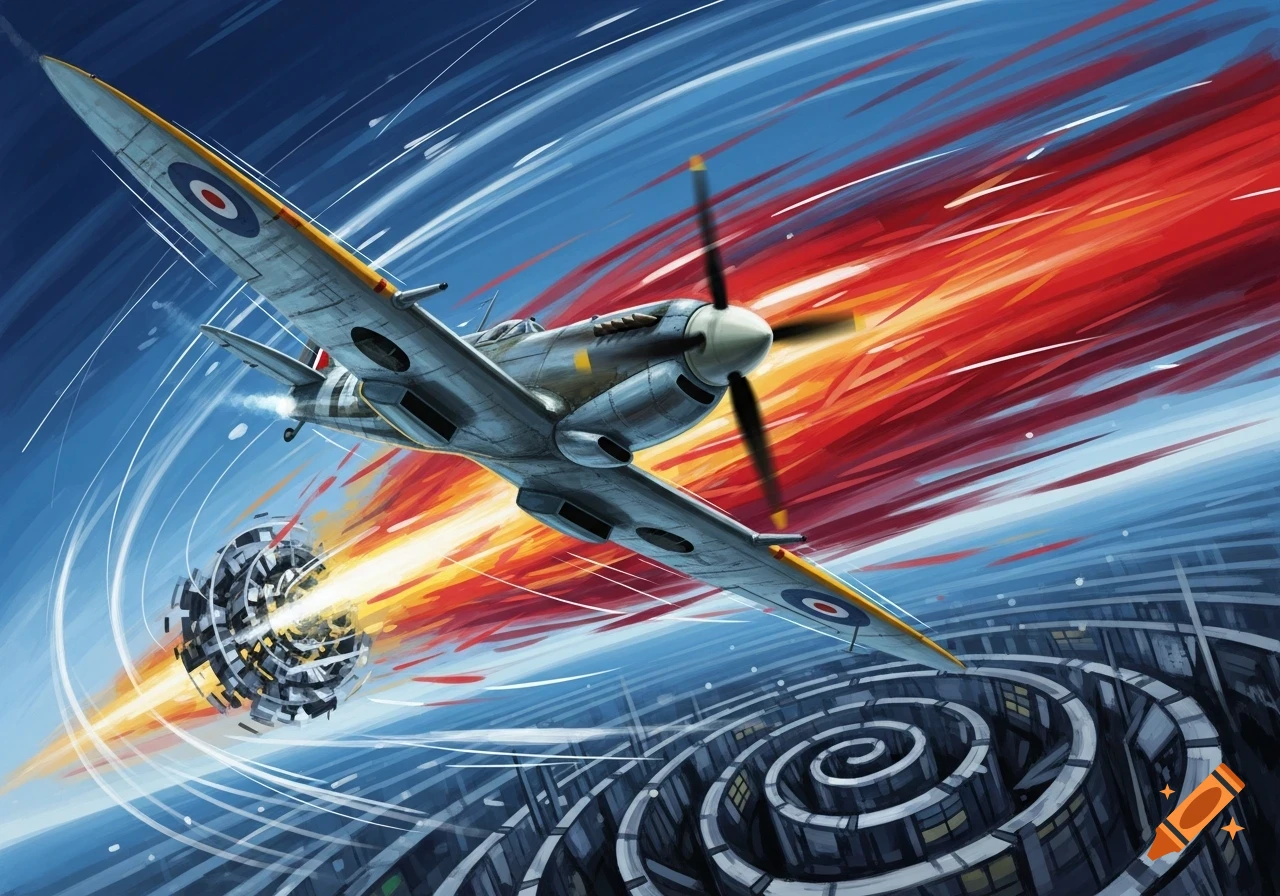 A Spitfire airplane in an Italian Futurism painting, flying past a glowing orb above a spiraling city with fiery sky streaks.