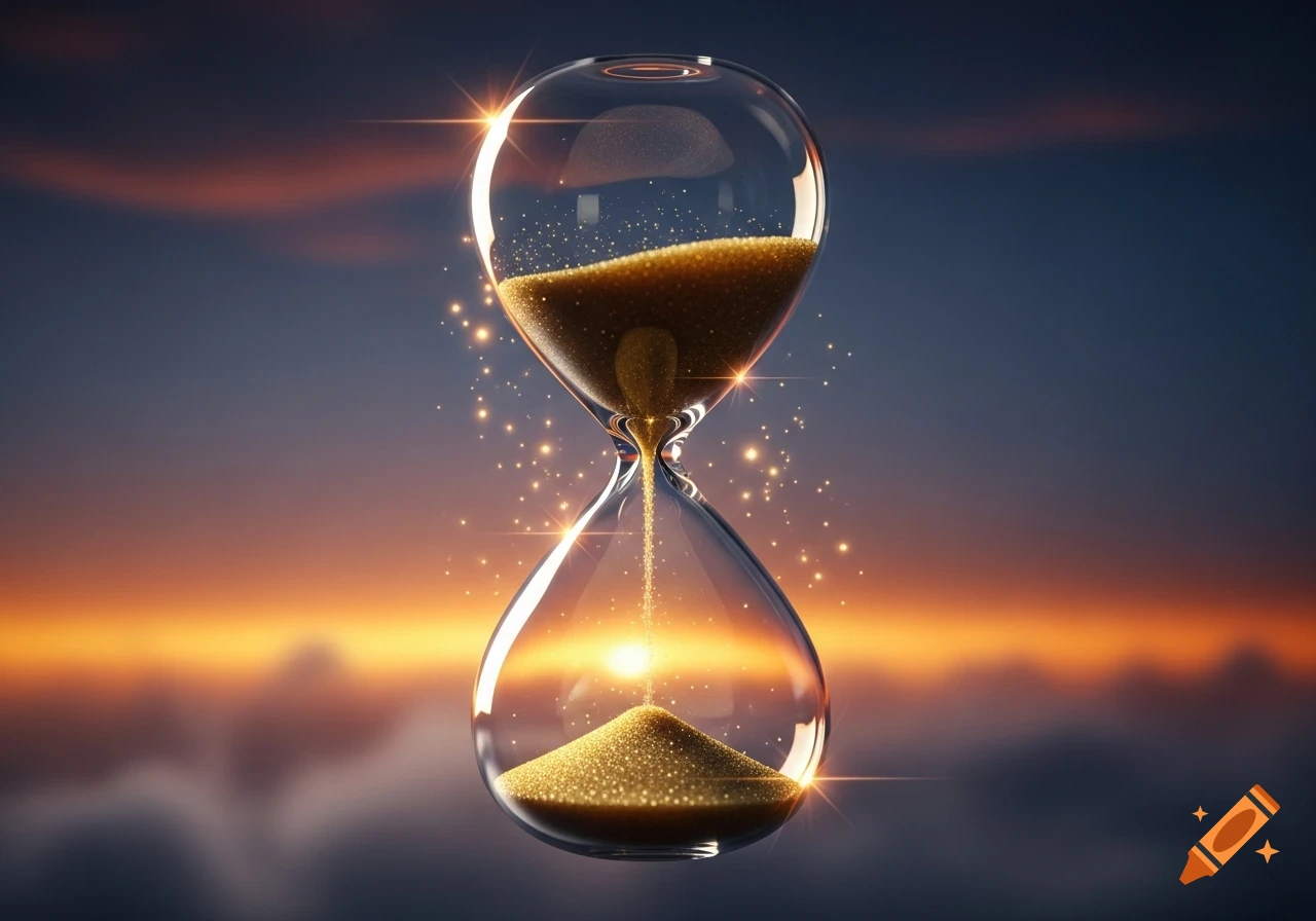 A glowing hourglass with sparkling golden sand flowing, set against a vibrant sunset sky.