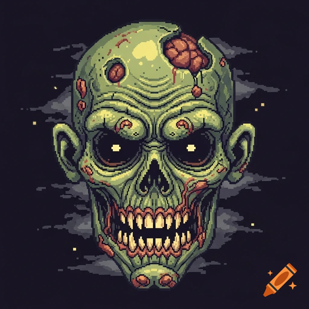 A green pixel art zombie head with an exposed brain, glowing yellow eyes, and jagged teeth, against a dark, smoky background.