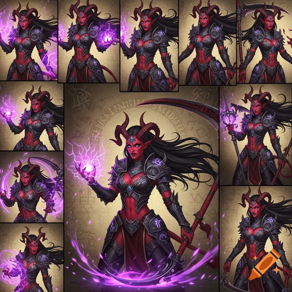 A red-skinned demoness with horns, in black armor, casting purple magic and holding a scythe, presented as a character sprite sheet.