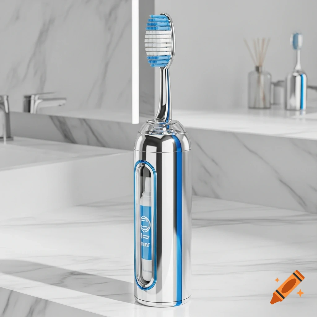 A modern, shiny chrome toothbrush with blue bristles and a blue accent stripe, standing in a white marble bathroom.