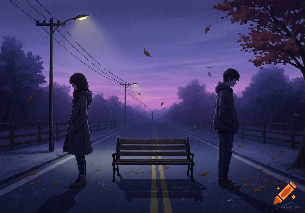 Anime illustration of a boy and a girl standing apart on a wet road in the rain, with fallen leaves and streetlights under a purple sky.