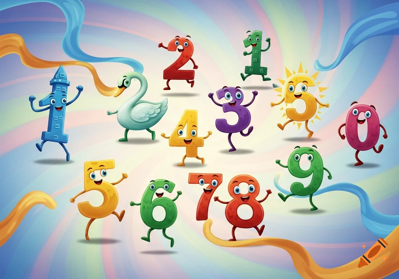 Colorful, happy cartoon numbers 0-9 dancing on a pastel background with flowing ribbons, alongside a white swan.