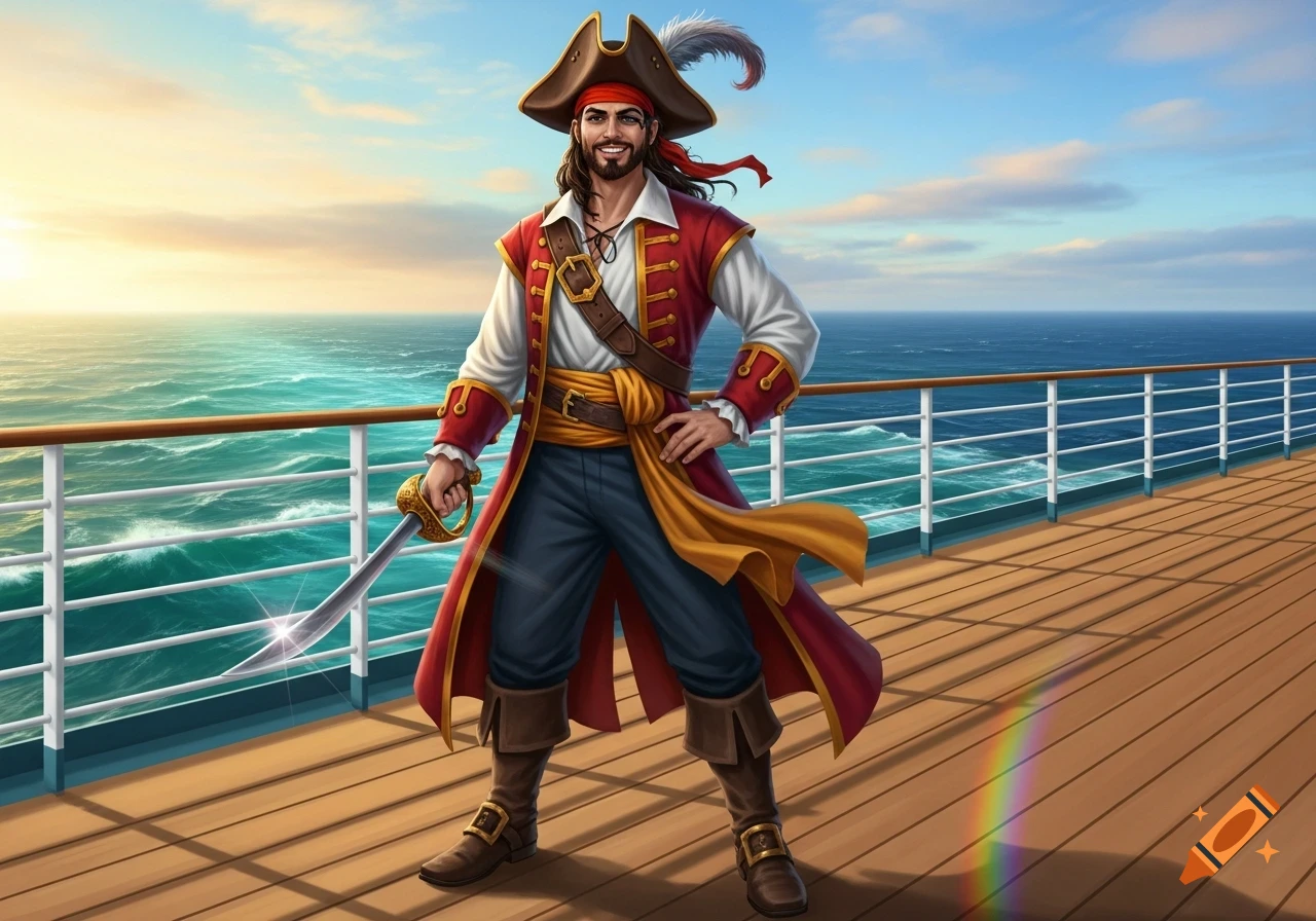 A cheerful pirate in a red coat and tricorn hat stands on a ship's deck, holding a cutlass, with the ocean at sunset behind him. Digital illustration.