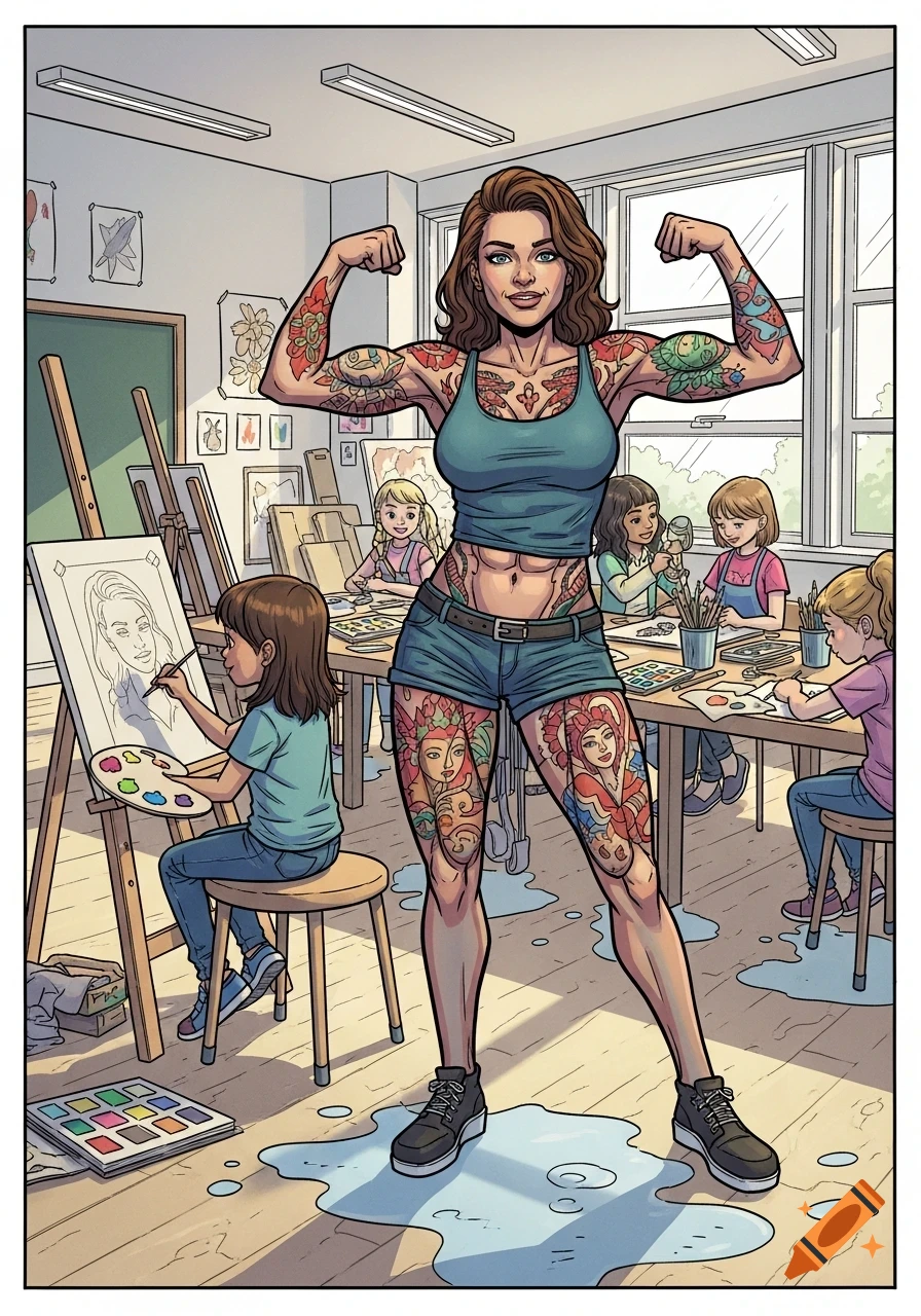 A tattooed woman in a tank top and shorts flexes her muscles, posing in a cartoon art classroom where children are drawing her.