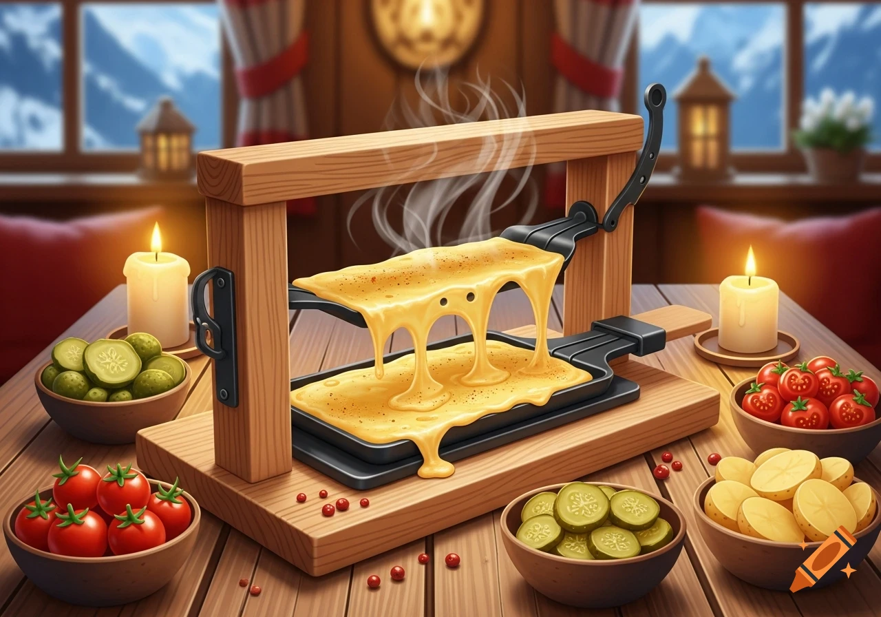 A warm, stylized scene of raclette with melted cheese dripping from a grill, surrounded by bowls of pickles, tomatoes, and potatoes, on a wooden table with lit candles and a snowy mountain view.