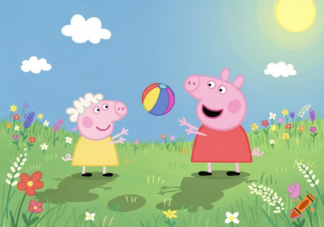 Cartoon Peppa Pig and Susie Sheep playing with a colorful ball in a sunny, flower-filled green field under a blue sky.