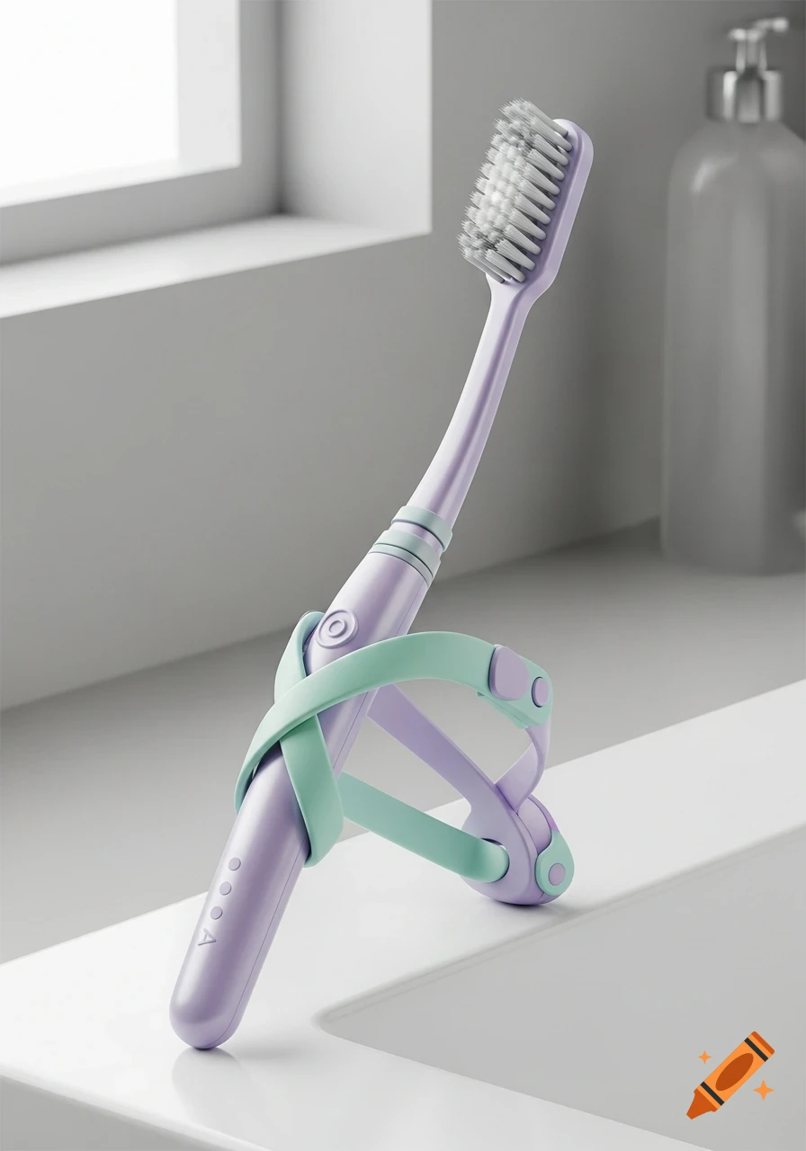 A modern purple toothbrush with a mint green silicone strap stand, resting on a white bathroom counter near a window.