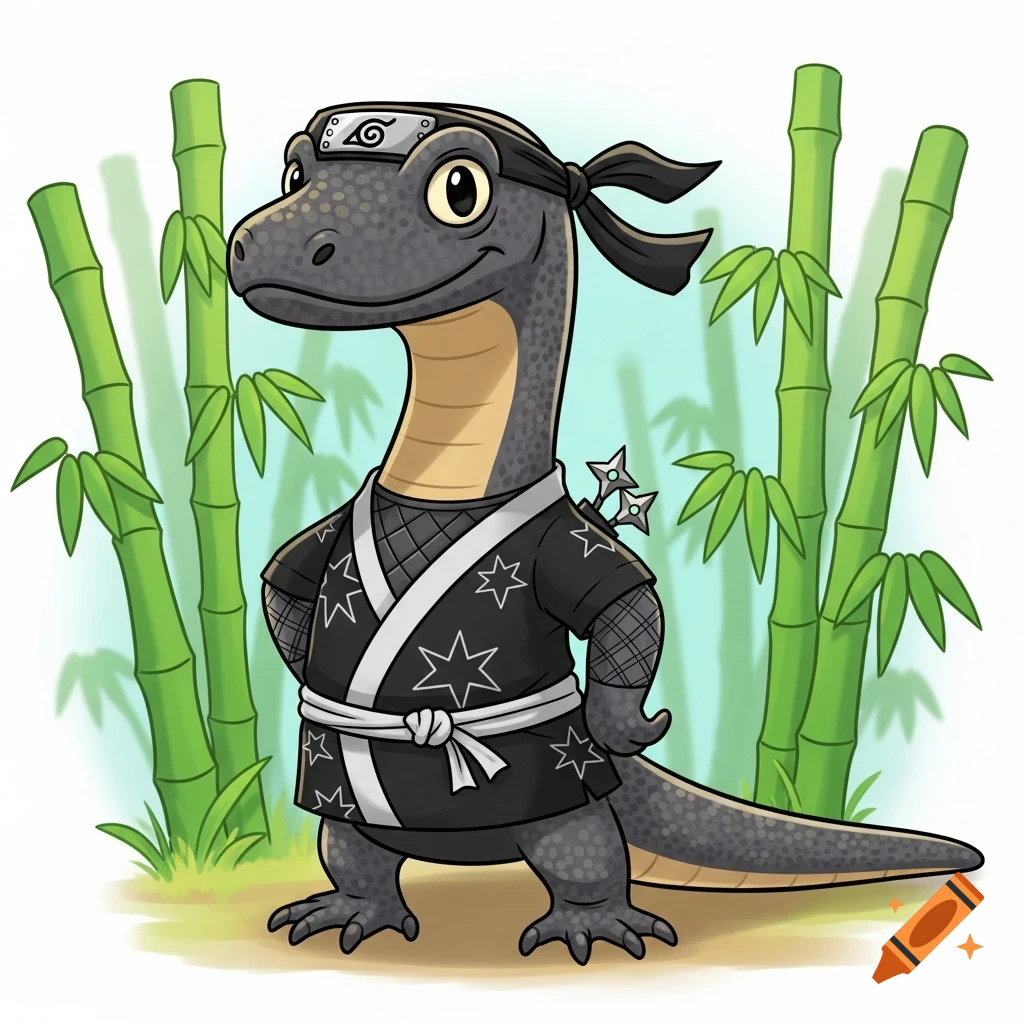A cartoon komodo dragon in a black ninja outfit with a headband, standing in front of bamboo stalks in an Animal Crossing style.