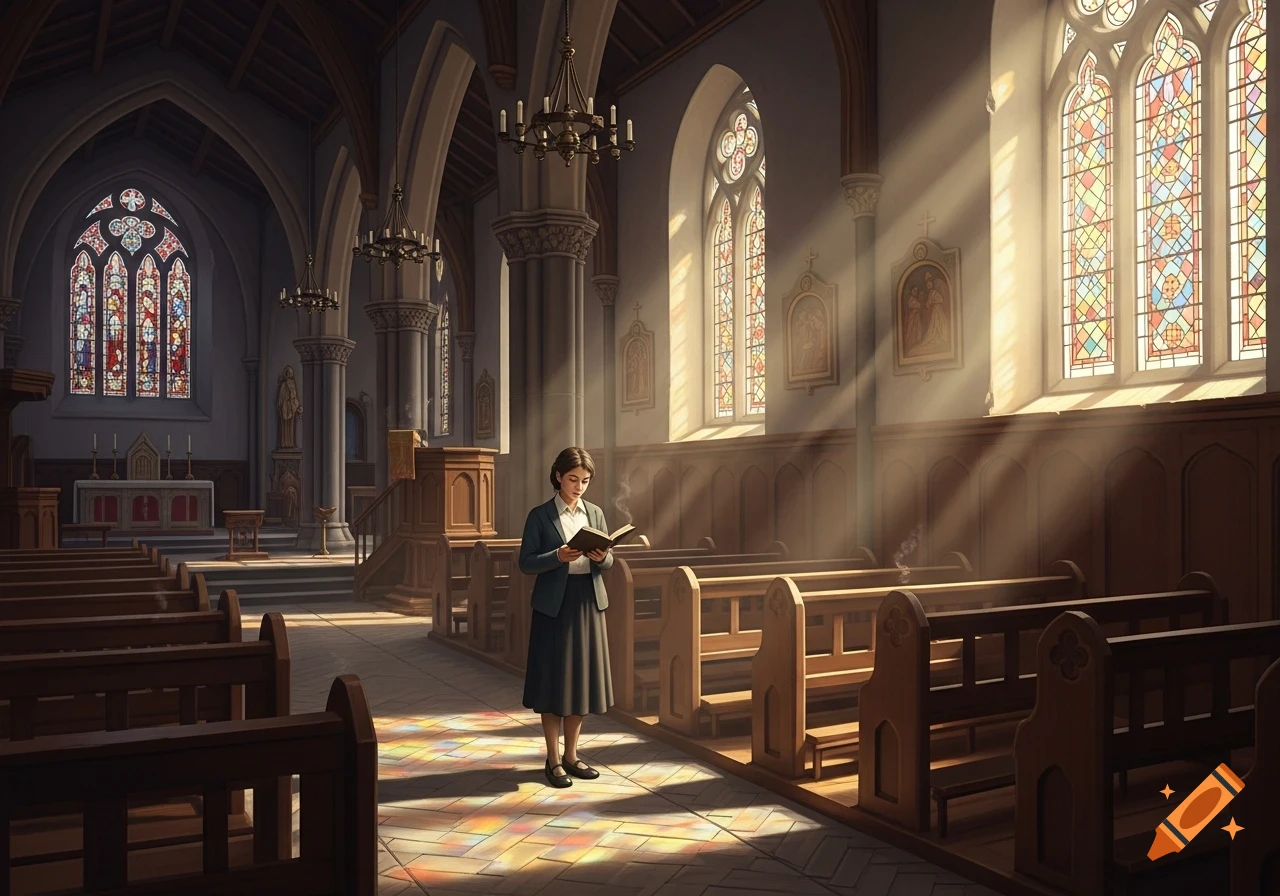 A woman reads a book in a grand, sunlit church with colorful stained-glass windows and light streaming in.
