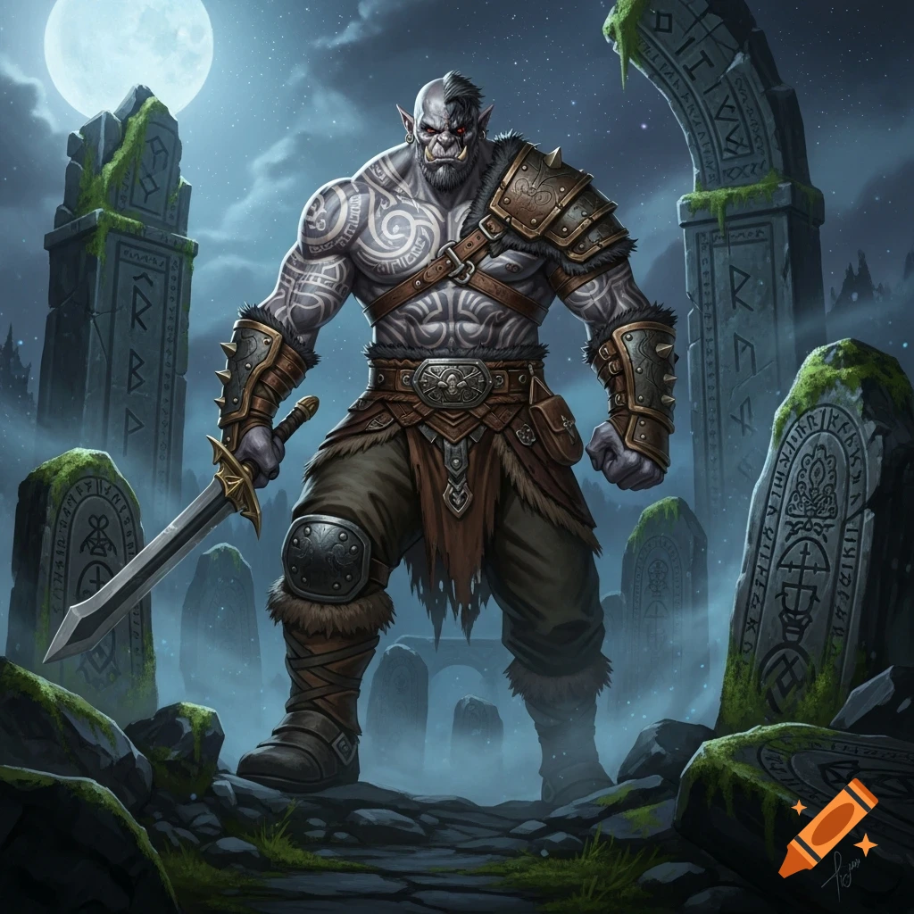 A grey orc warrior with tribal tattoos and a sword stands among moss-covered ancient stone ruins under a full moon.