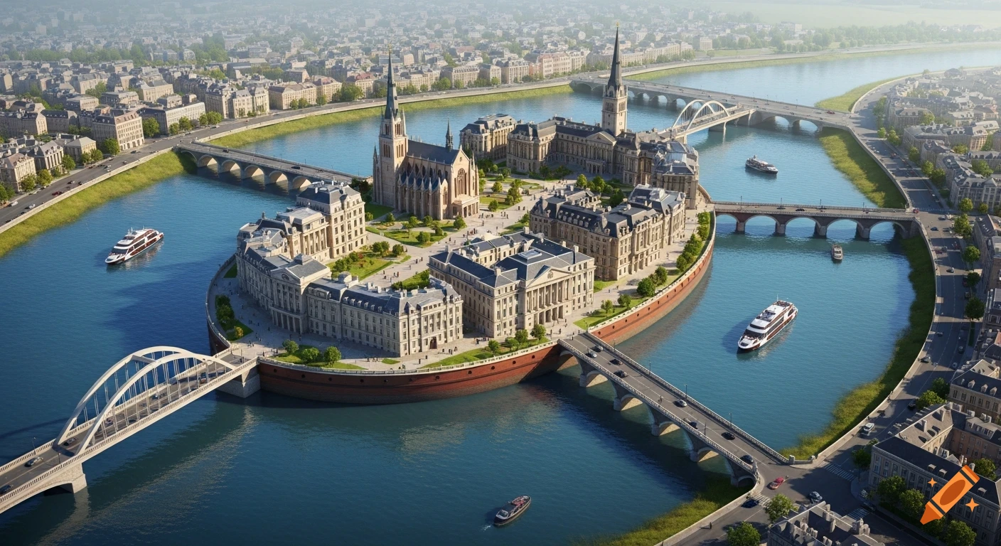 Aerial view of a grand, ship-shaped island city with classical buildings and bridges on a river, surrounded by urban landscape.