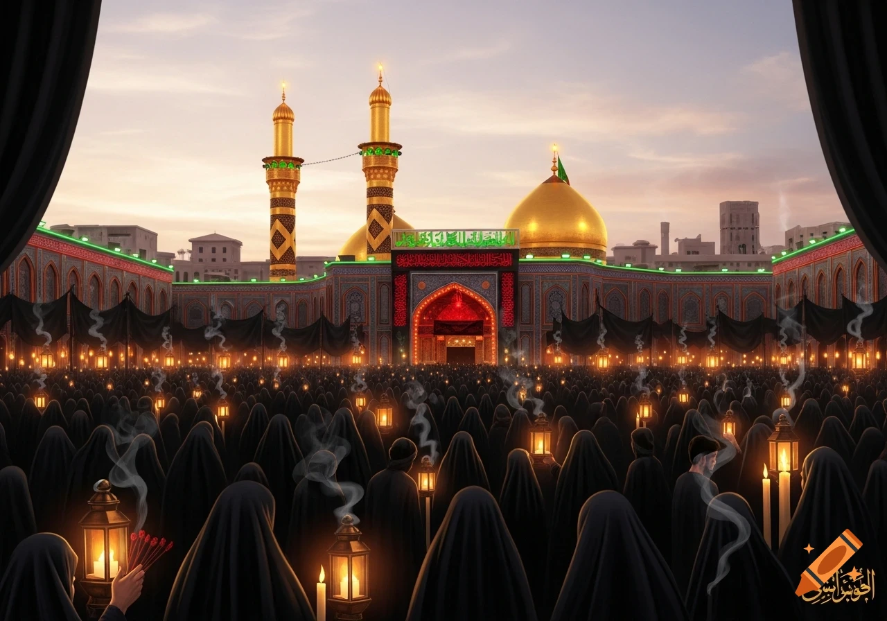 A large crowd of people in black cloaks hold glowing lanterns and candles outside a grand mosque with golden domes and minarets at dusk.