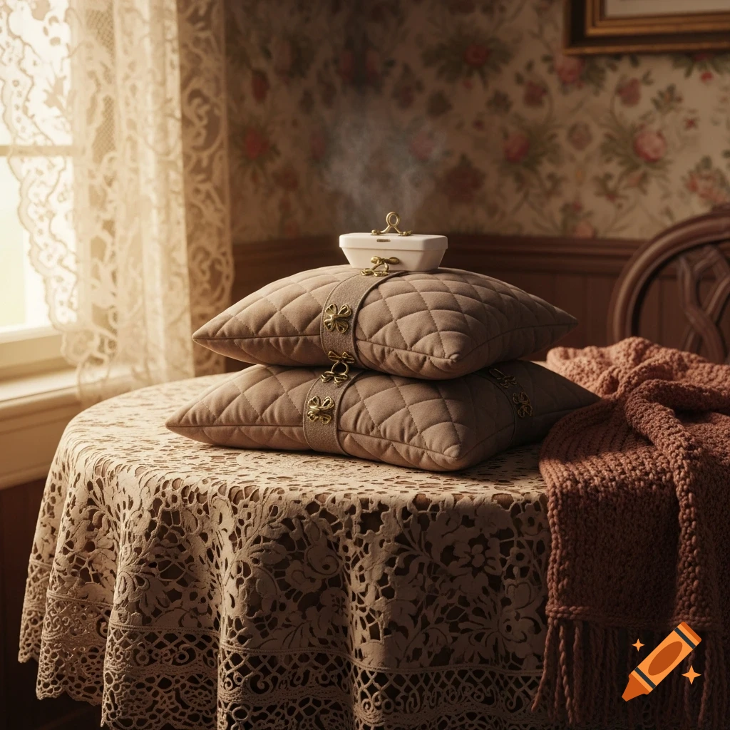 Two quilted pillows with clasps stacked on a lace tablecloth, topped with a steaming heating pack, next to a knitted blanket in a vintage room.