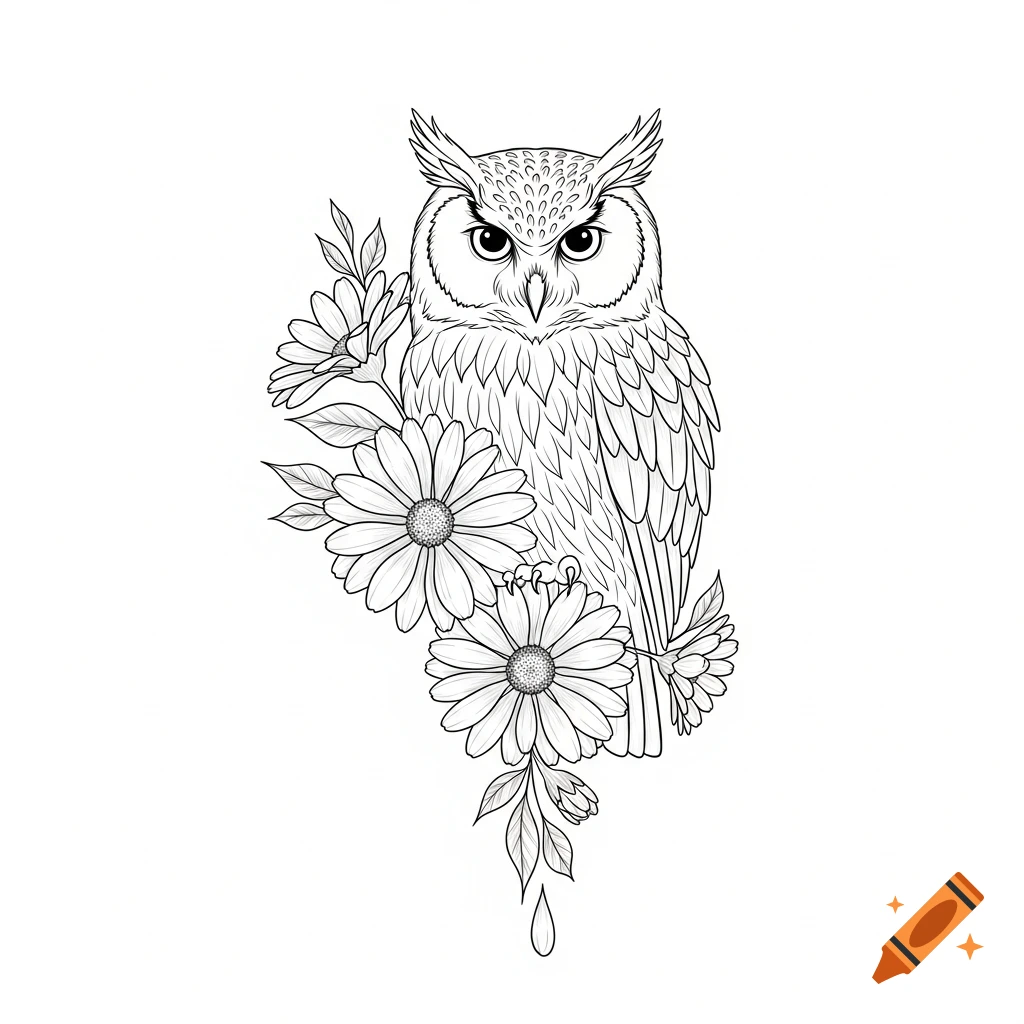 Black and white fineline illustration of an owl with large eyes, surrounded by detailed daisies and leaves.