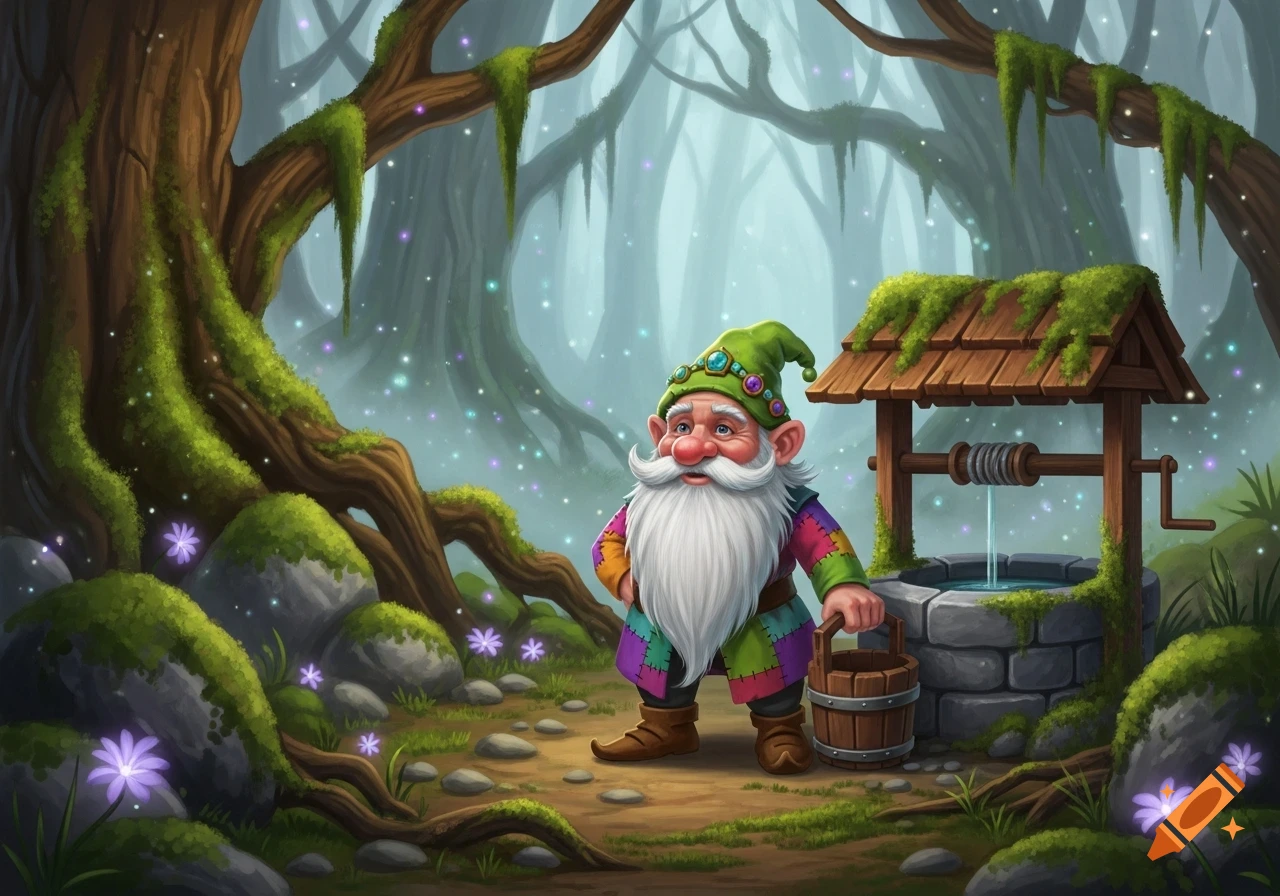 A cartoon gnome with a long white beard and colorful tunic stands by a mossy well in a magical, glowing forest, holding a bucket.