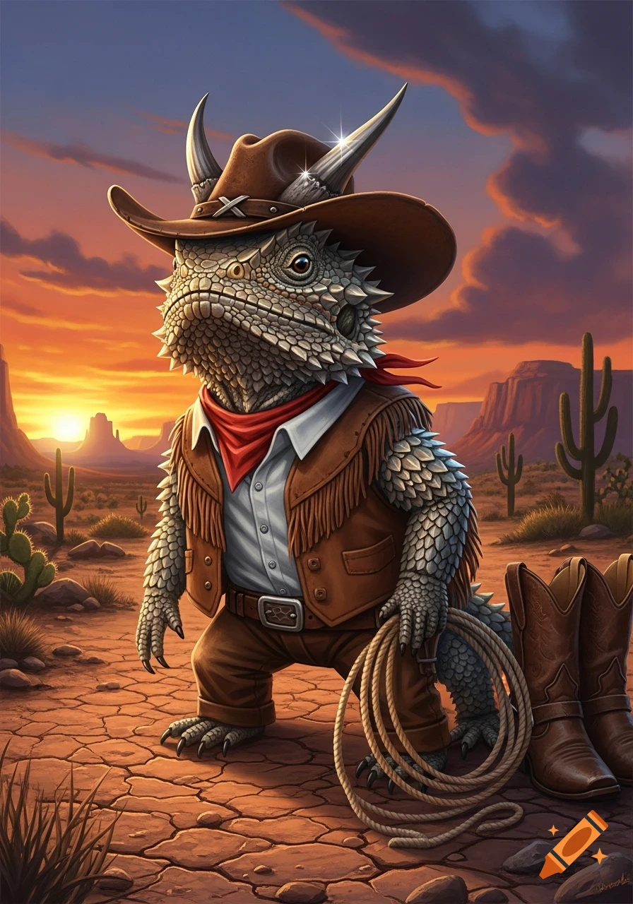 A stylized illustration of a horned lizard dressed as a cowboy, standing in a desert landscape at sunset, holding a lasso.