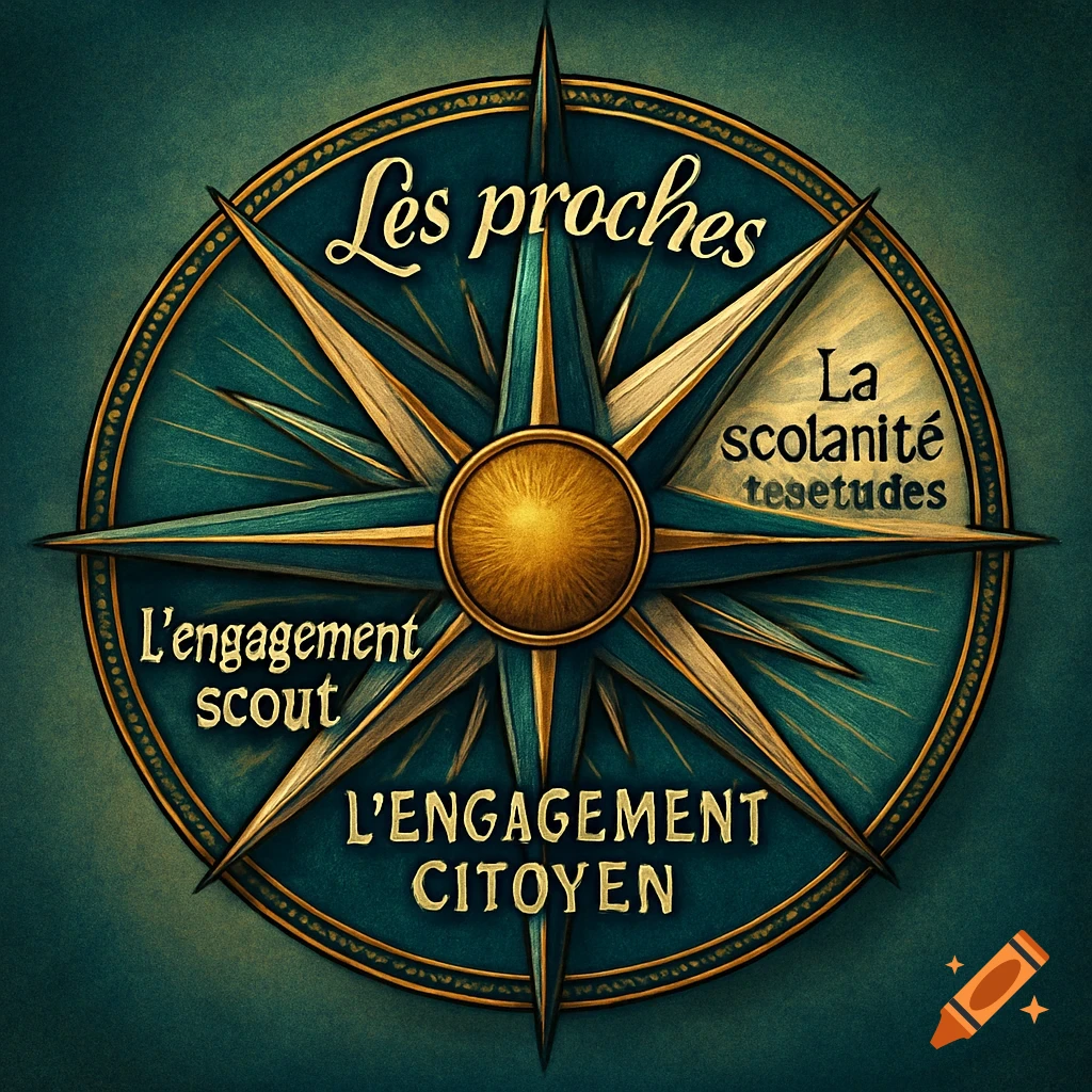 An ornate teal and gold compass with French text representing themes of family, education, civic, and scout engagement.