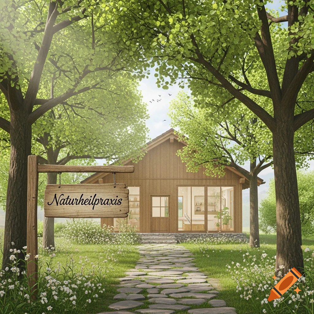 A rustic wooden cabin with a sign reading "Naturheilpraxis" (naturopathic practice) at the entrance, surrounded by lush green trees and a stone path.