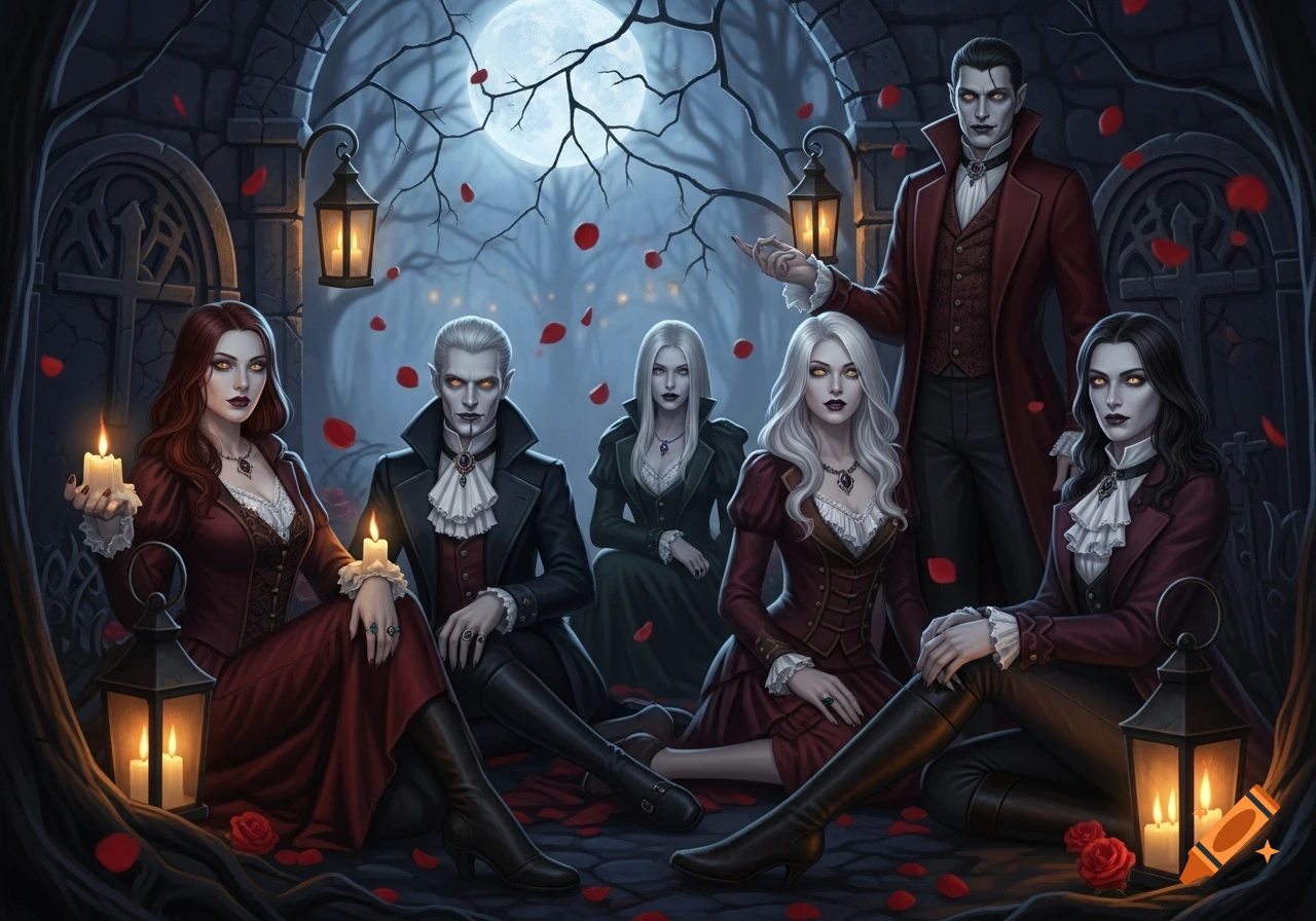 Six vampires, three men and three women, in gothic attire pose in a dark forest at night under a full moon with lanterns and rose petals.