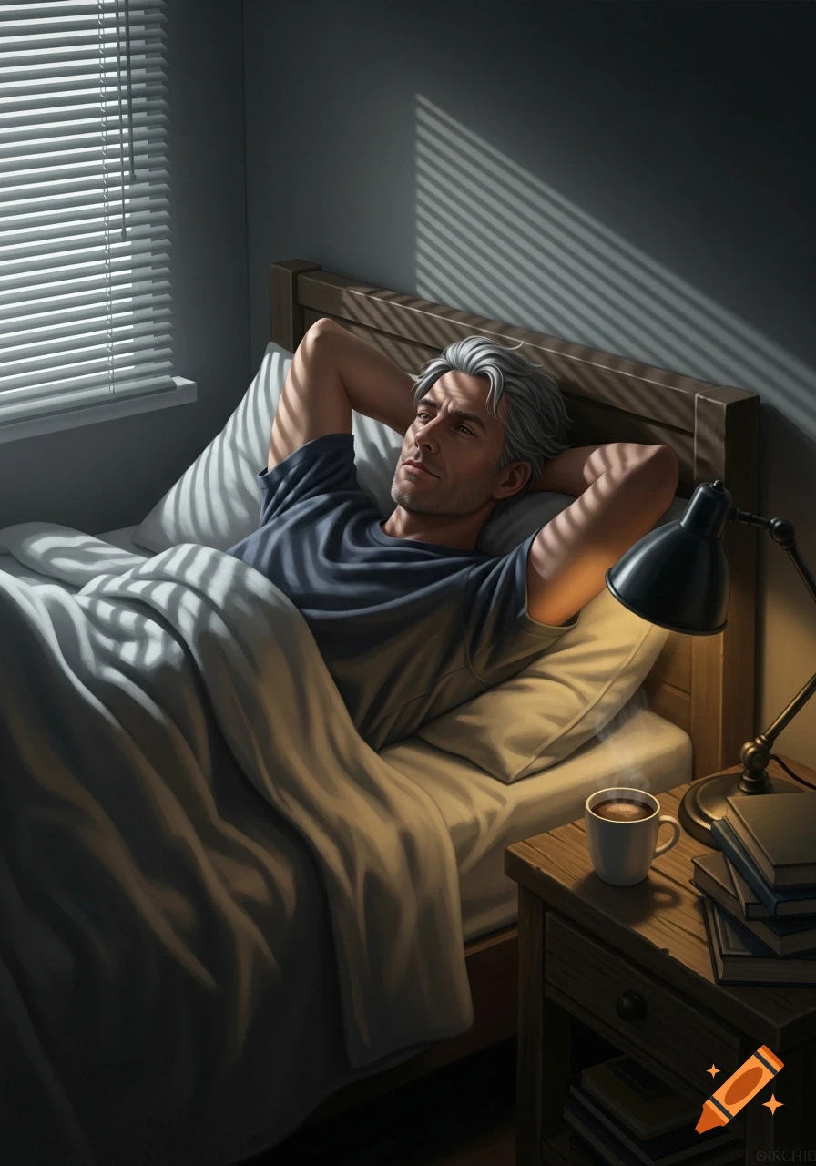 Realistic digital art of a man with gray hair lying in bed, looking contemplatively into sunlit shadows from blinds.