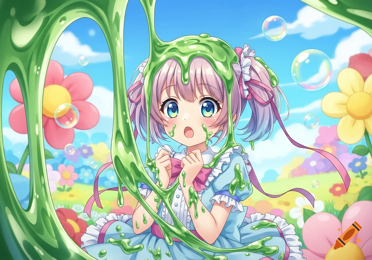 A cute anime girl with pink pigtails, covered in green slime in a field of flowers with bubbles.