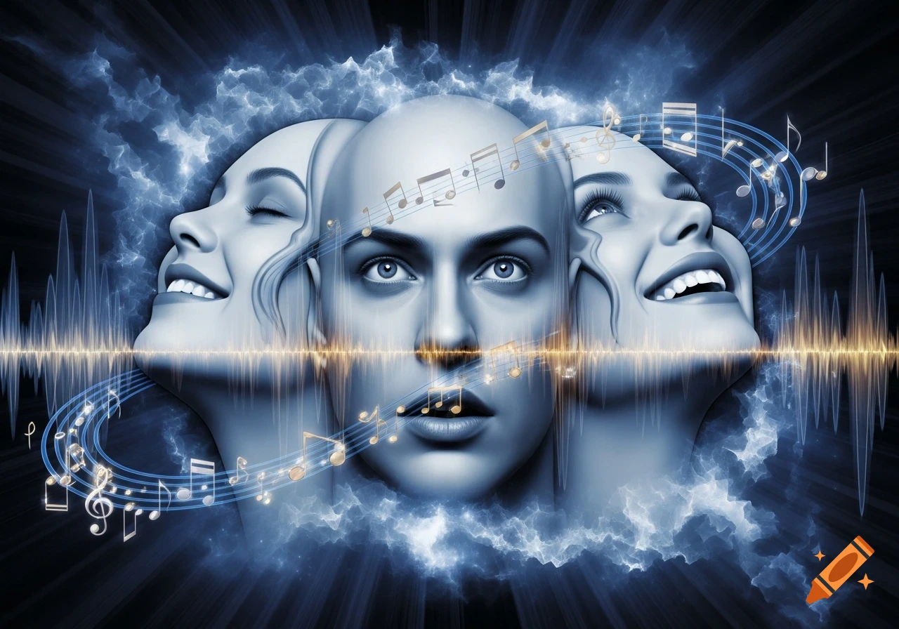 Three stylized female faces merged together, surrounded by swirling clouds, sound waves, and musical notes, depicting a conceptual image of music.