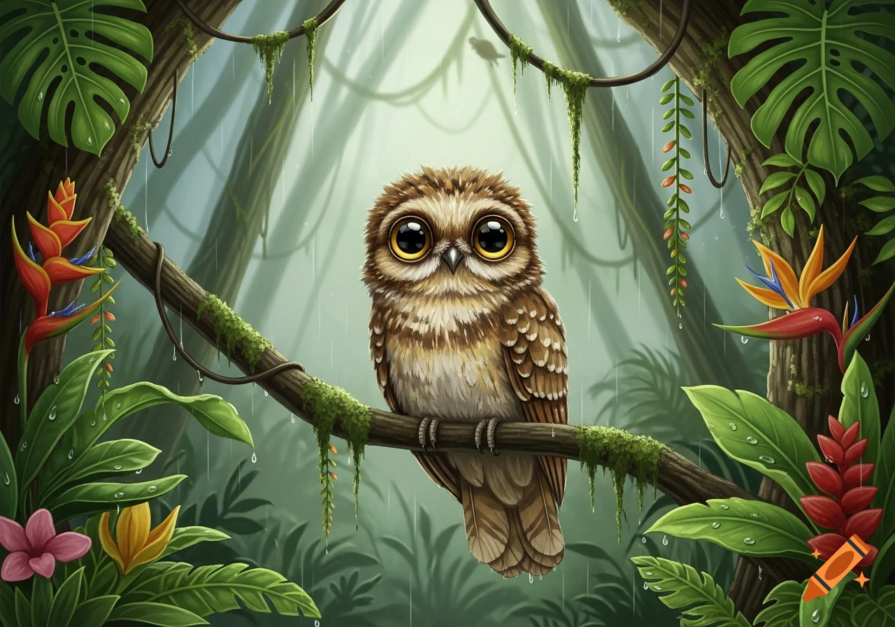 An adorable, wide-eyed cartoon owl perches on a mossy branch in a vibrant, rainy tropical rainforest.