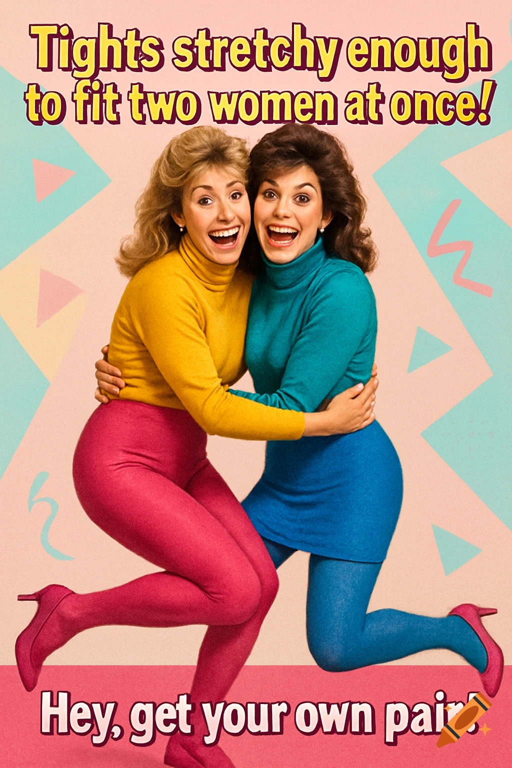 Two smiling women in colorful 80s turtlenecks and tights embrace, creating a humorous illusion of sharing one pair of tights, with ad text.