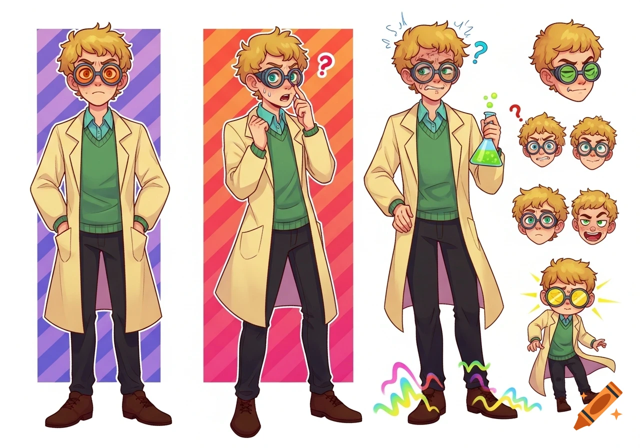 Character sheet of a blonde male scientist in a lab coat and goggles, shown in various poses and expressions in a digital cartoon style.